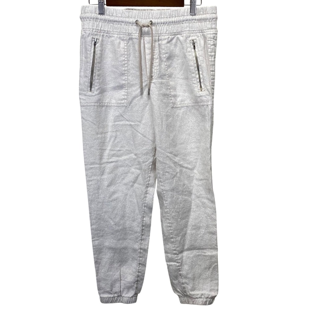 Athleta 100% Cabo Linen Jogger Pants Women 10 Beige Drawstring Zip Pockets